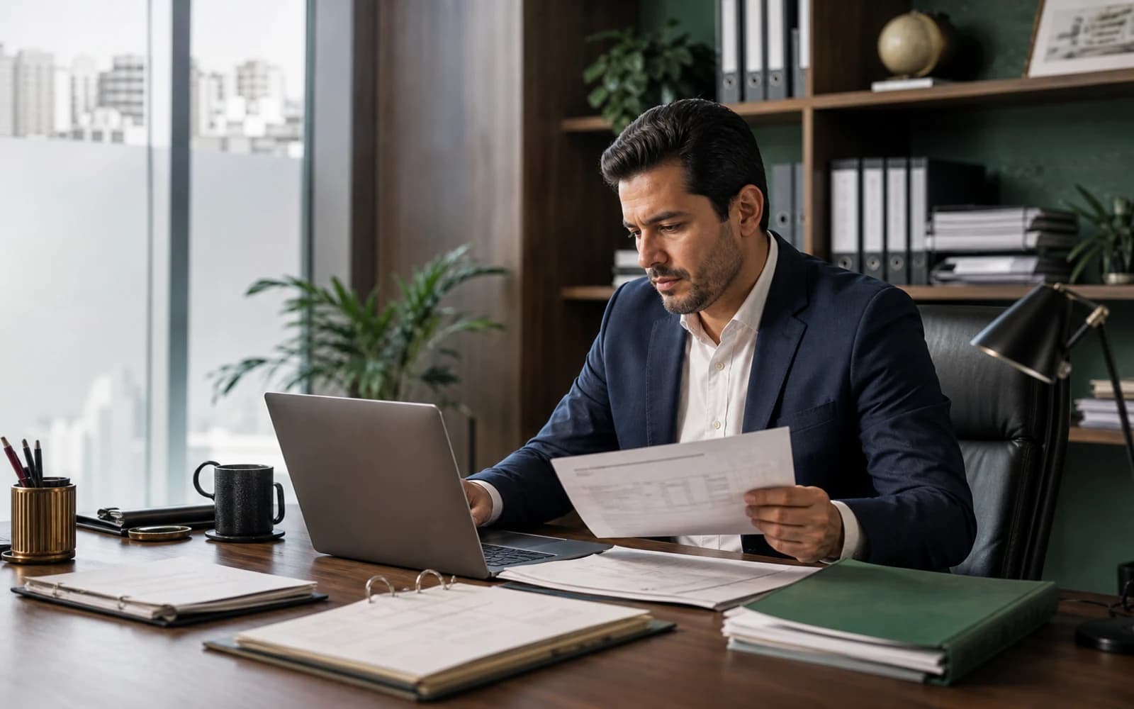 Contador revisando documentación financiera junto a una computadora en su estudio