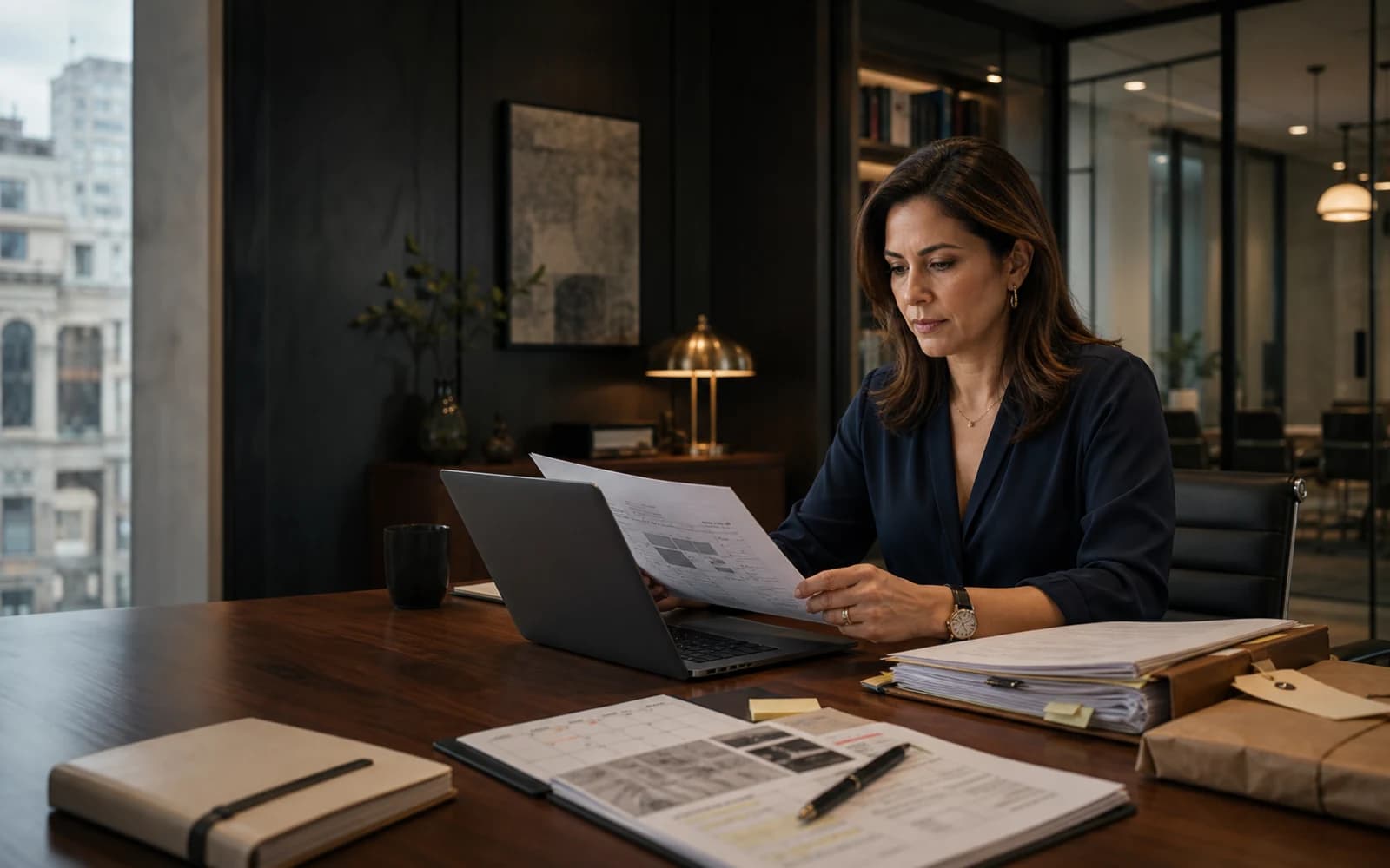 Abogada revisando documentos de un asunto en un estudio jurídico
