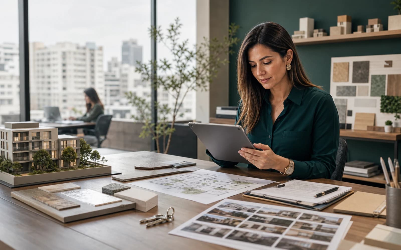 Profesional inmobiliaria revisando publicaciones y planos de propiedades en su escritorio