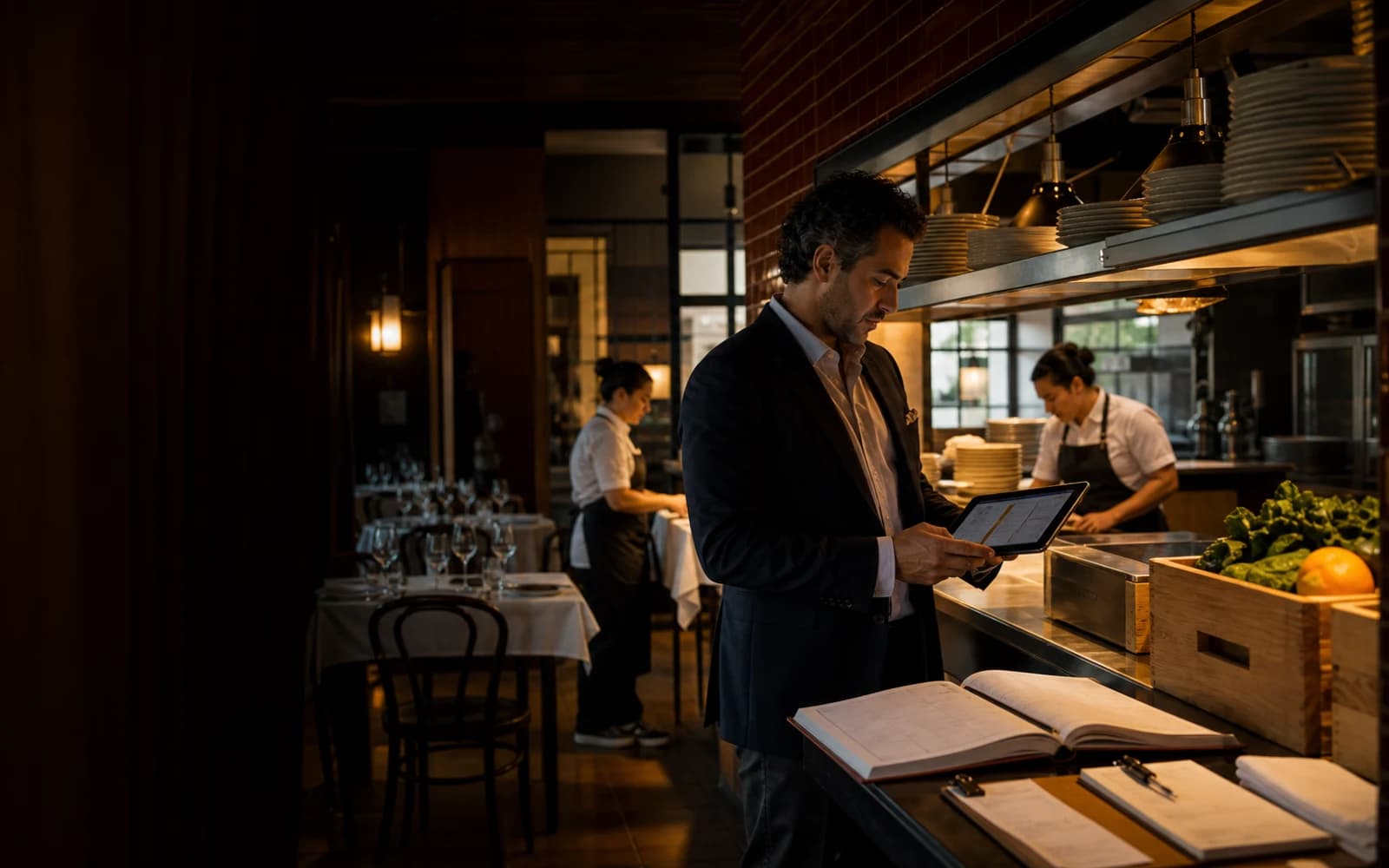 Encargado de restaurante coordinando el servicio con una tablet junto a la cocina